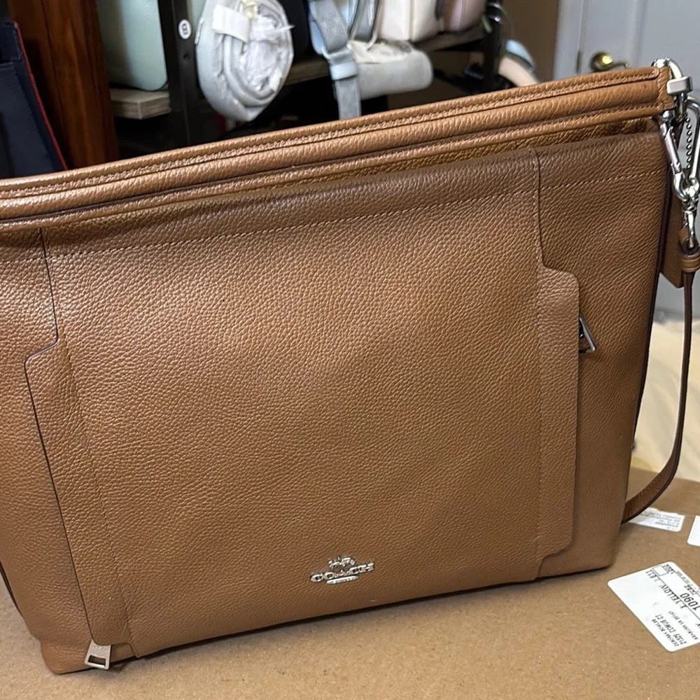 Coach Tan Leather Messenger Bag with Pebbled Texture